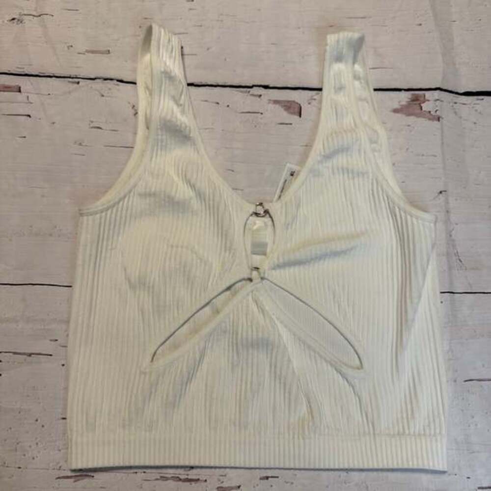 White Ribbed Cut Out Crop Top with O-Ring Detail, M/L